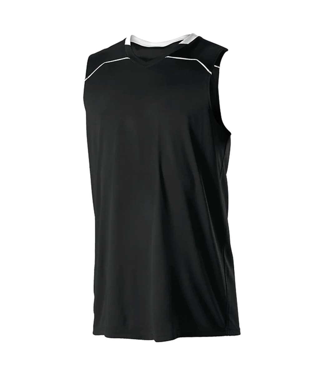 Black sleeveless basketball jersey with white neckline and armhole trim.