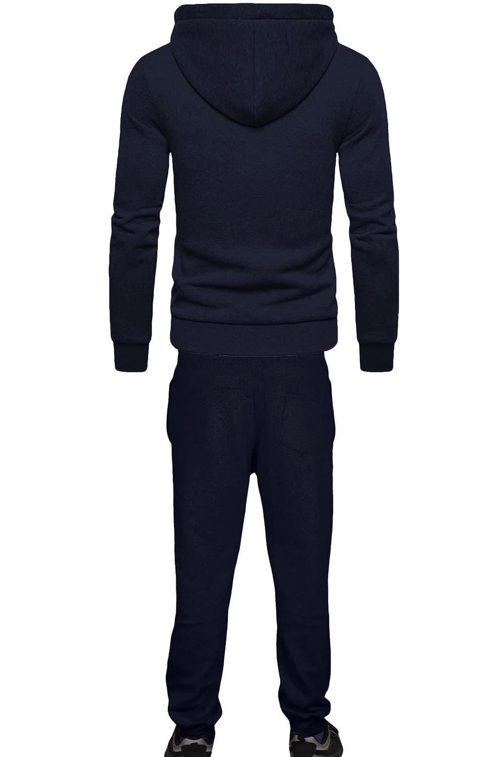 Rear view of a navy hooded tracksuit showing the top and matching trousers.