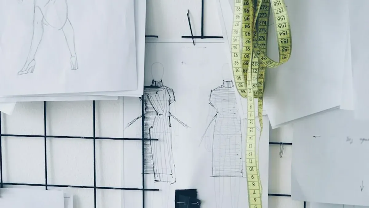 Fashion sketches pinned on a grid board