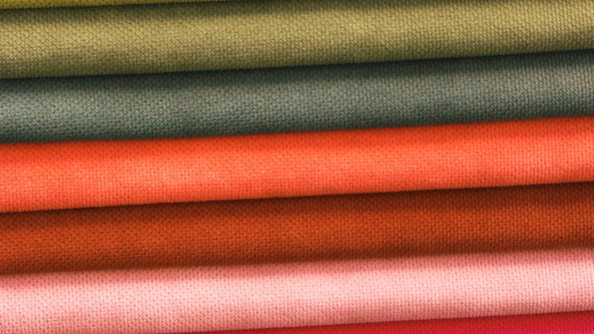 A close up of a red and yellow striped fabric