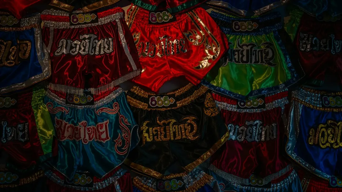 Colorful muay thai shorts with thai writing