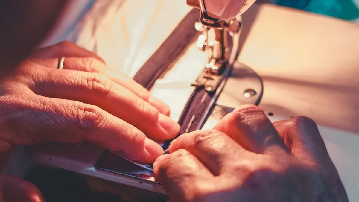 Person playing sewing machine with white sewing machine