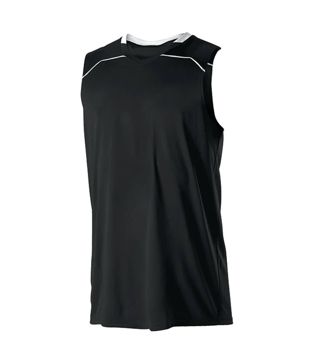 Maillot de basketball noir sans manches, avec passepoil blanc à l’encolure et aux épaules.