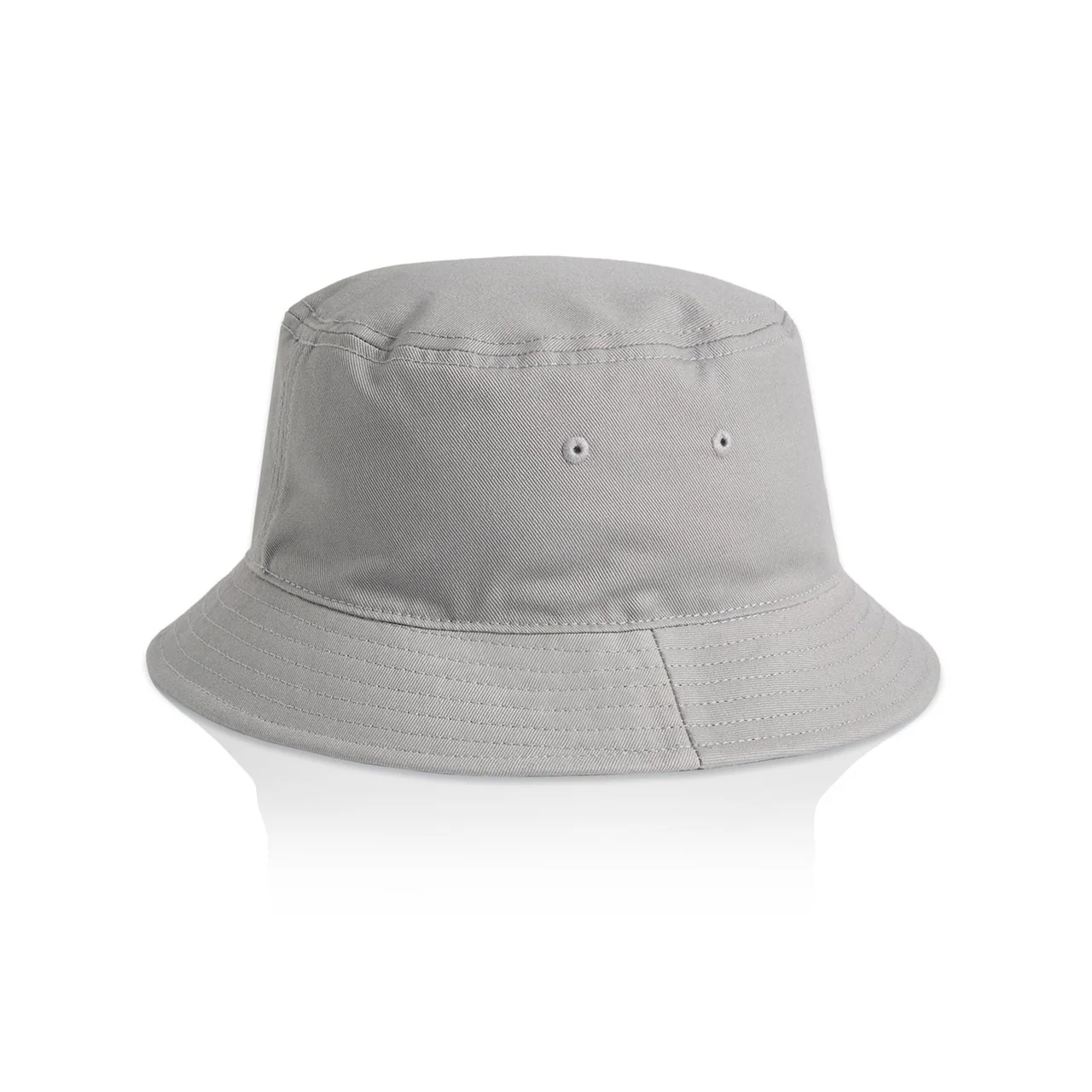A light grey bucket hat with ventilation eyelets and parallel brim stitching.