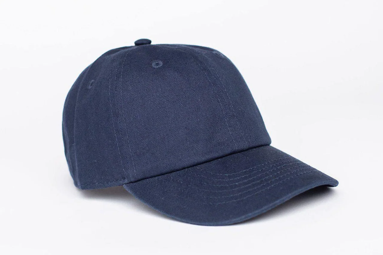 A navy baseball cap showing the curved brim and stitched crown panels.