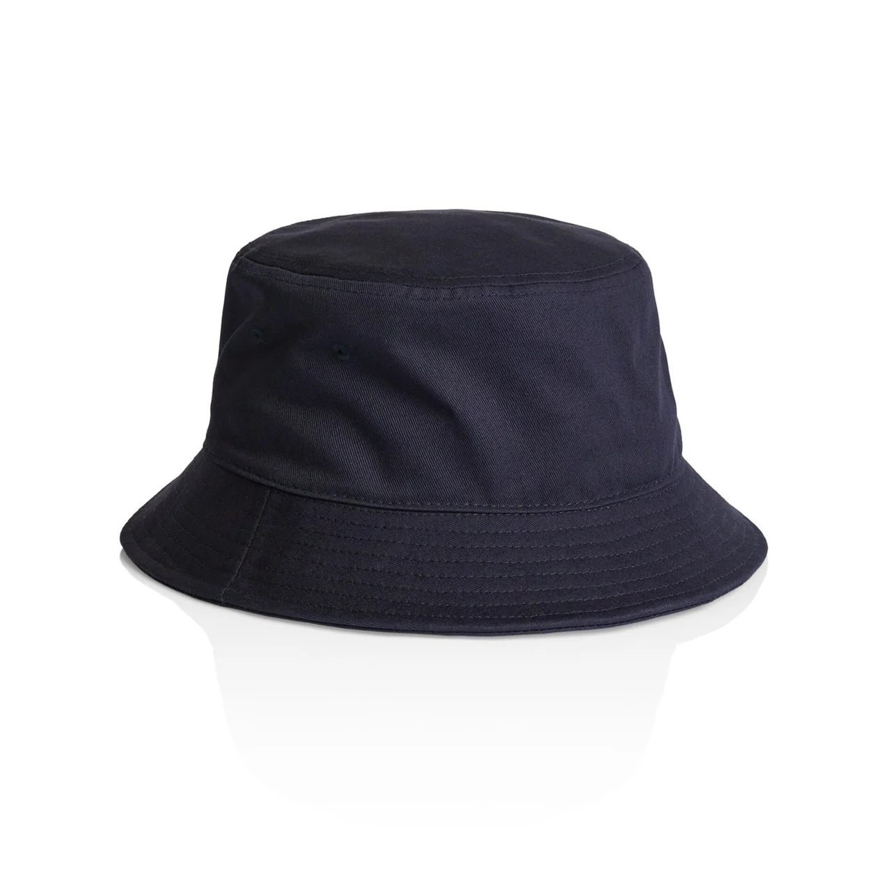 A navy bucket hat with a stitched brim and softly structured crown.