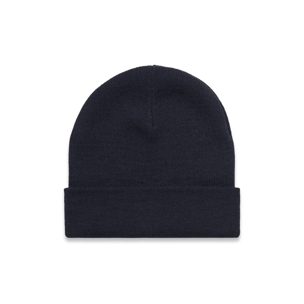 A navy knitted beanie with a folded ribbed cuff and shaped crown.
