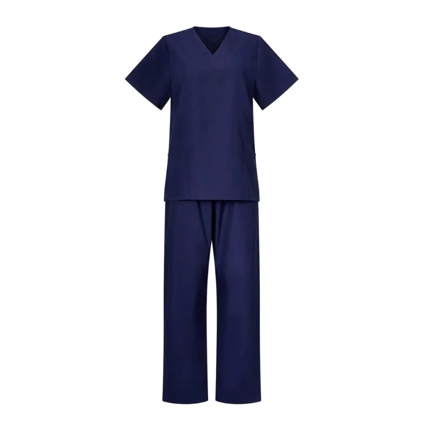 A navy scrub uniform with a V-neck short-sleeved top and matching trousers.