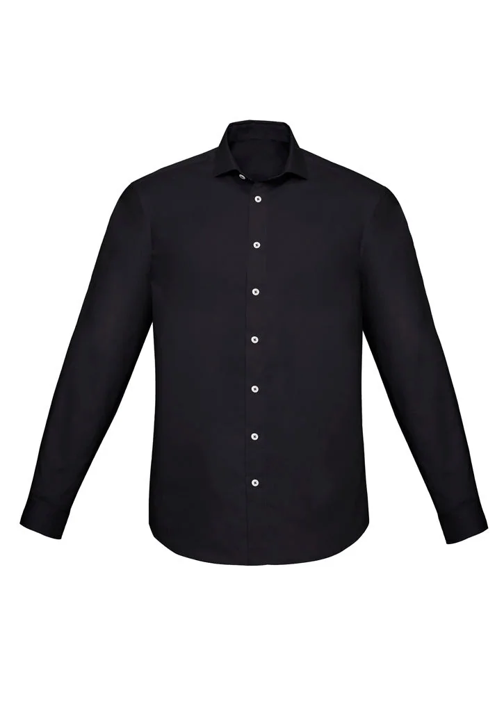 A plain black button-down shirt with long sleeves and a pointed collar.