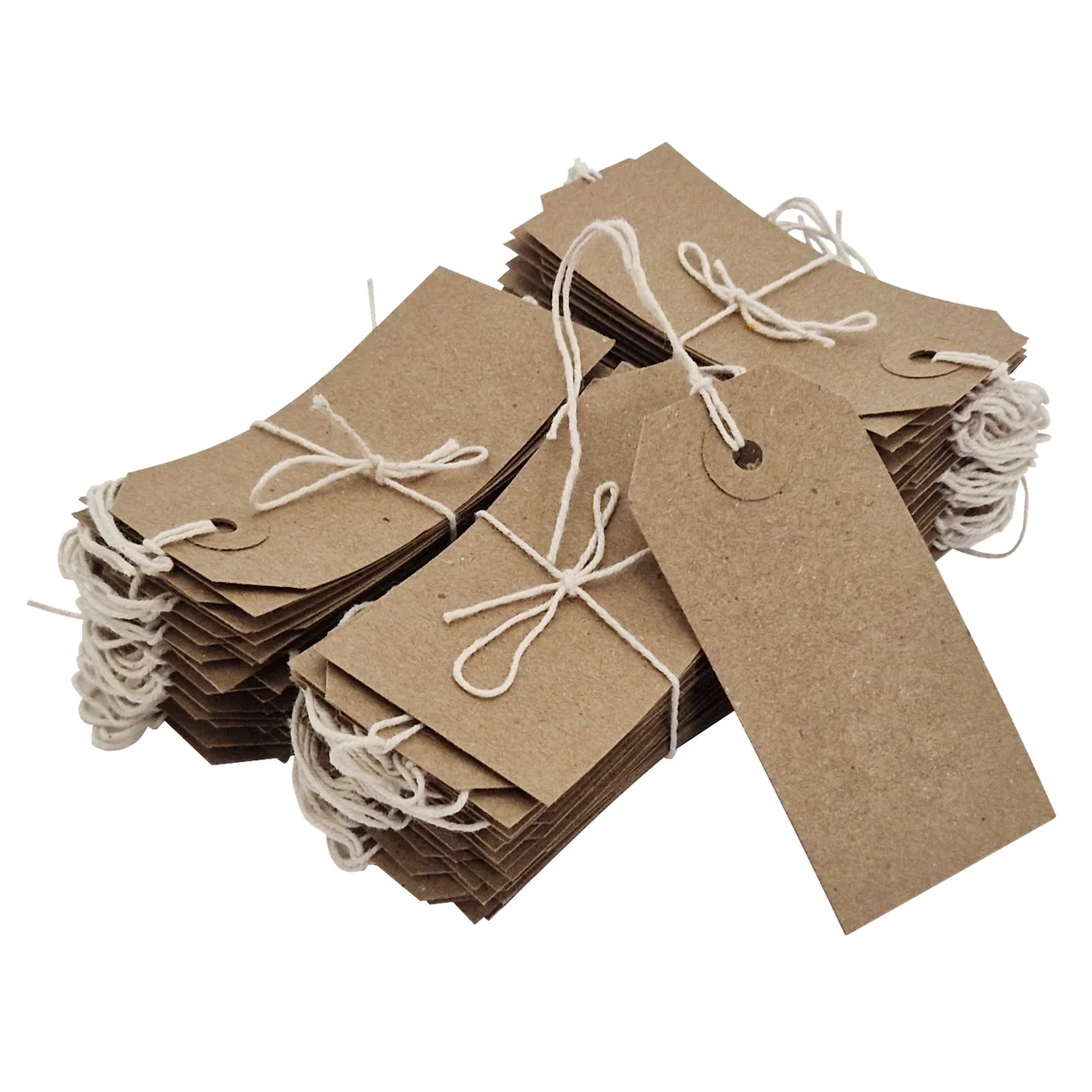 A stack of blank kraft garment tags with natural cotton strings.