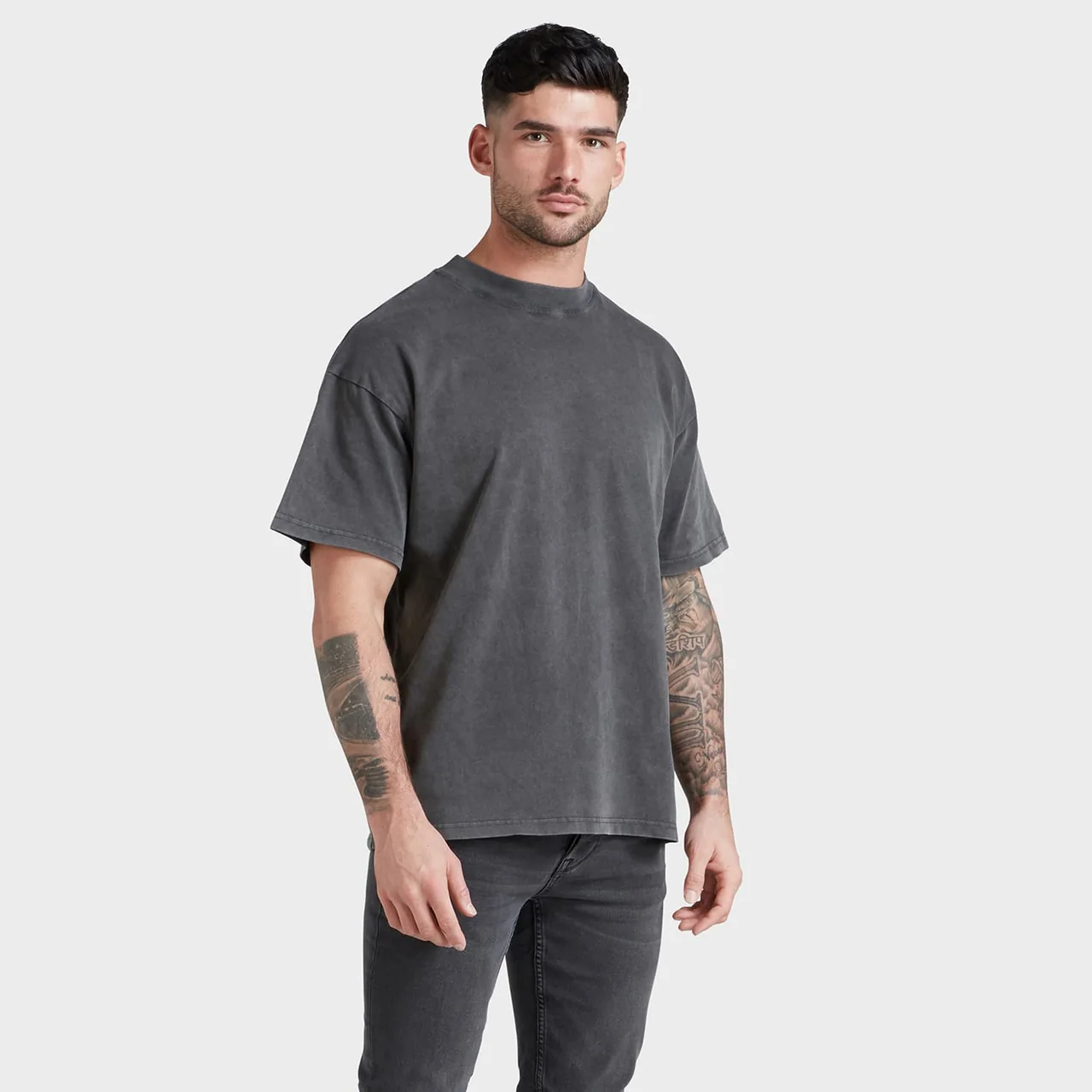 A washed charcoal T-shirt with a relaxed silhouette.