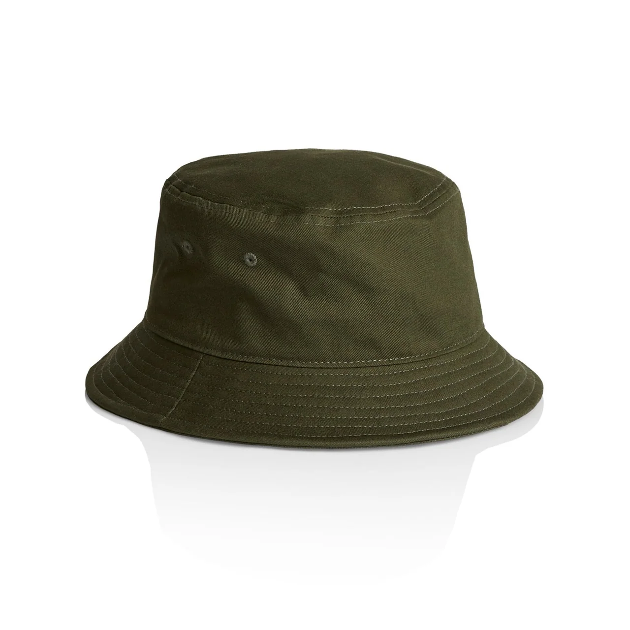 An olive bucket hat with stitched crown seams and a wide brim.