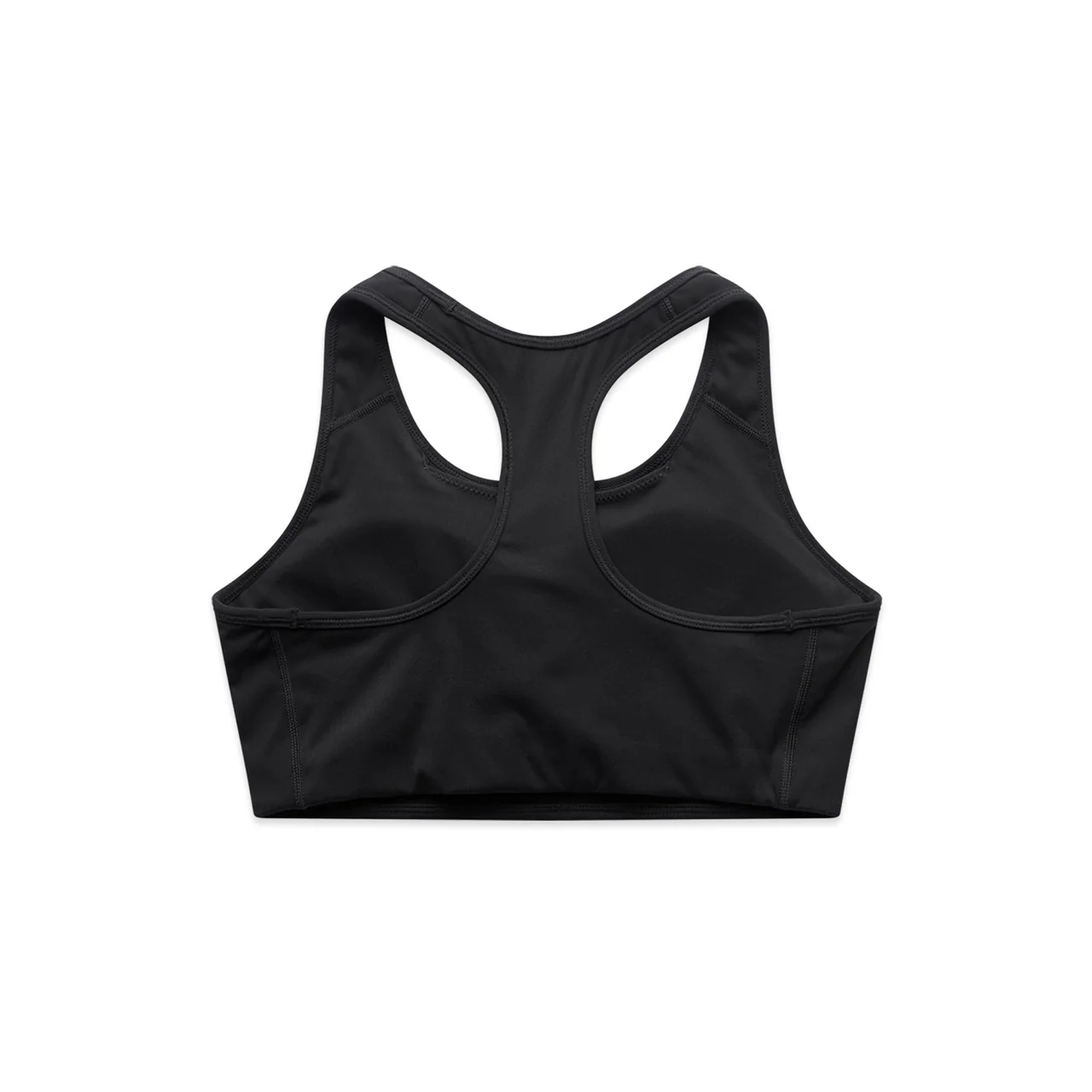 Back view of a black sports bra showing bound edges and racerback construction.
