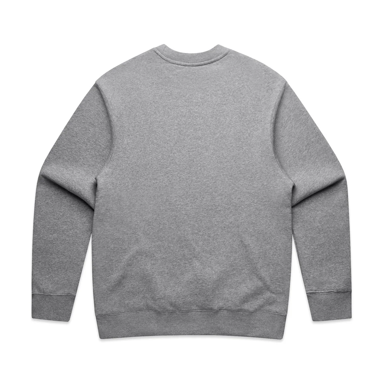 Back view of a grey marl crewneck sweatshirt showing the sleeves and ribbed hem.