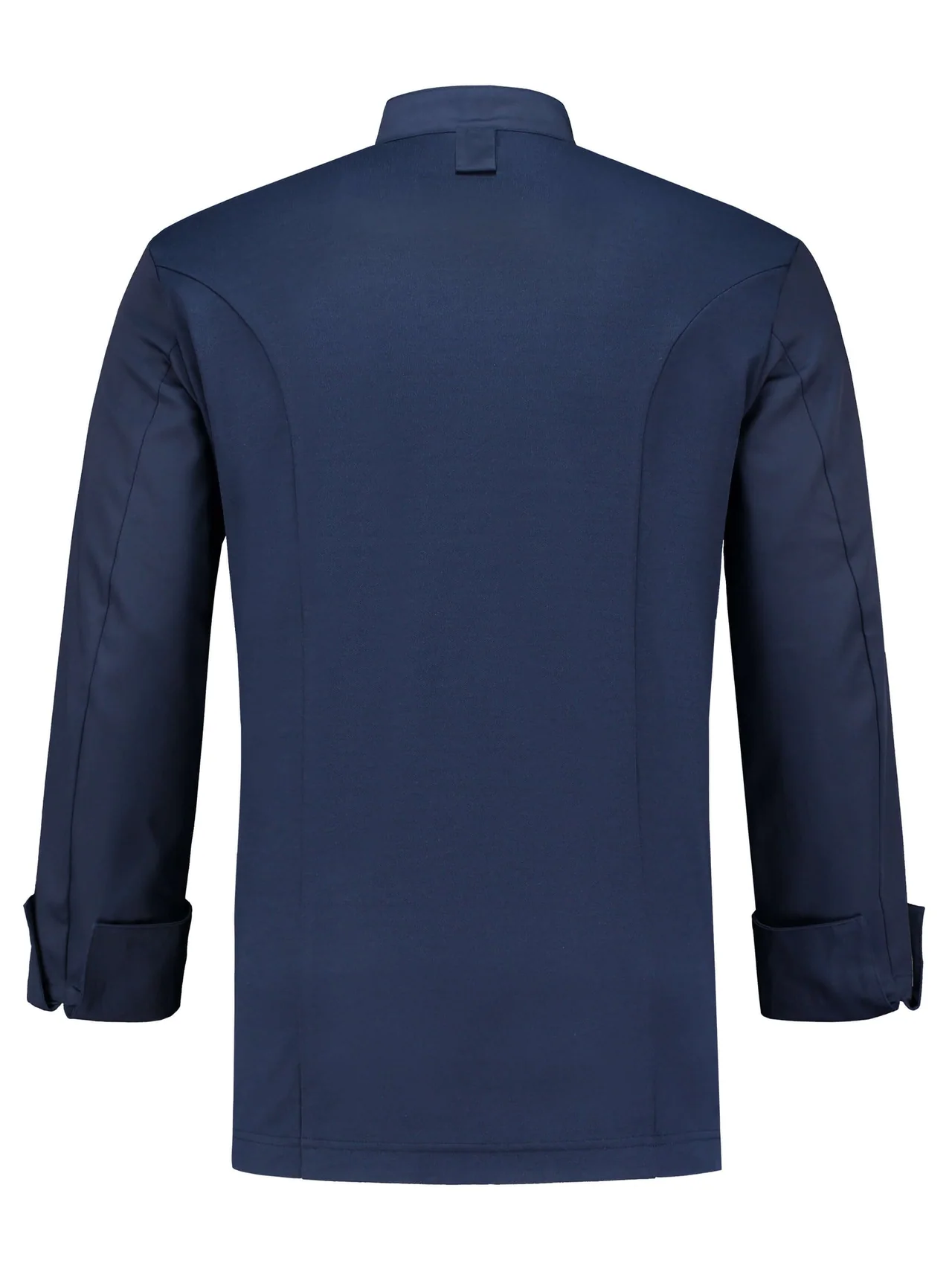 Back view of a navy chef jacket showing the shoulder yoke and long sleeves.