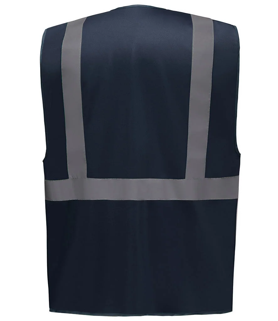Back view of a navy work vest showing the shoulder and waist placement of reflective tape.