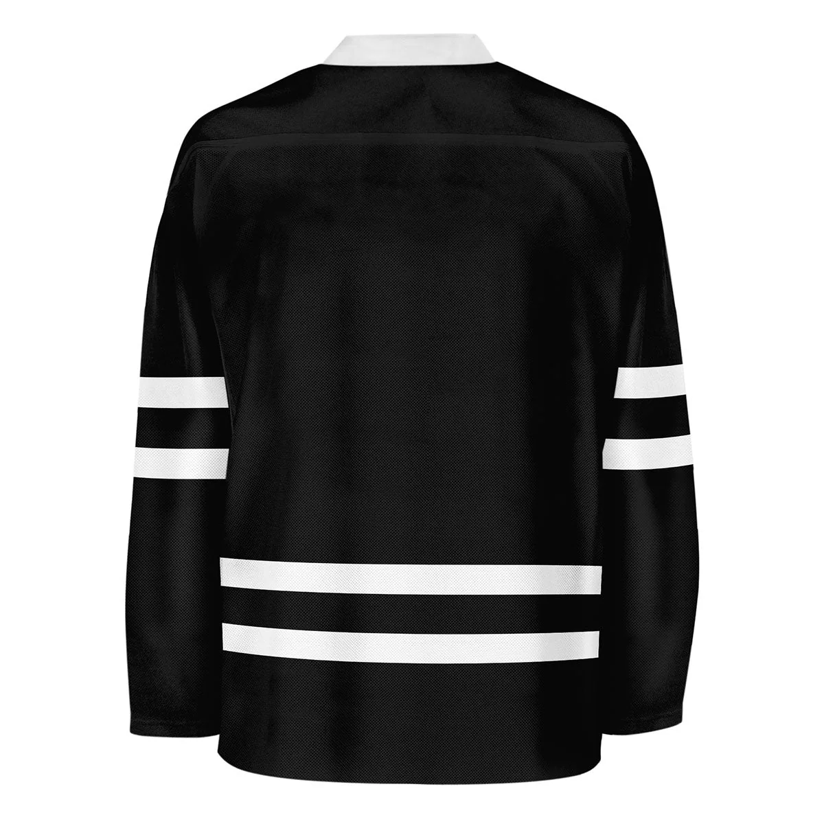 Maillot de hockey noir présenté de dos, avec rayures blanches sur les manches et bandes horizontales à l’ourlet.