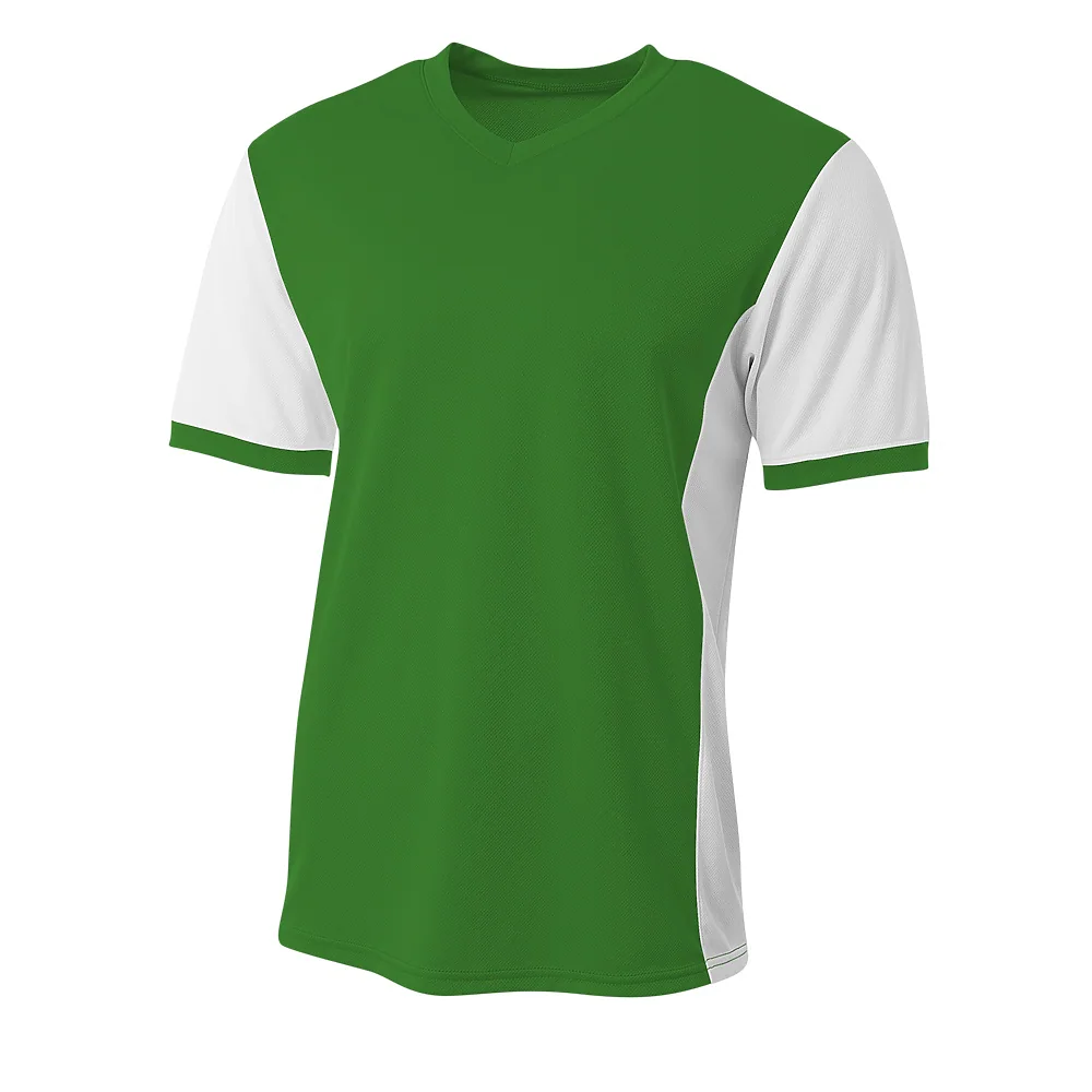 Maillot de sport vert avec panneaux latéraux blancs et devant à col en V sans impression.