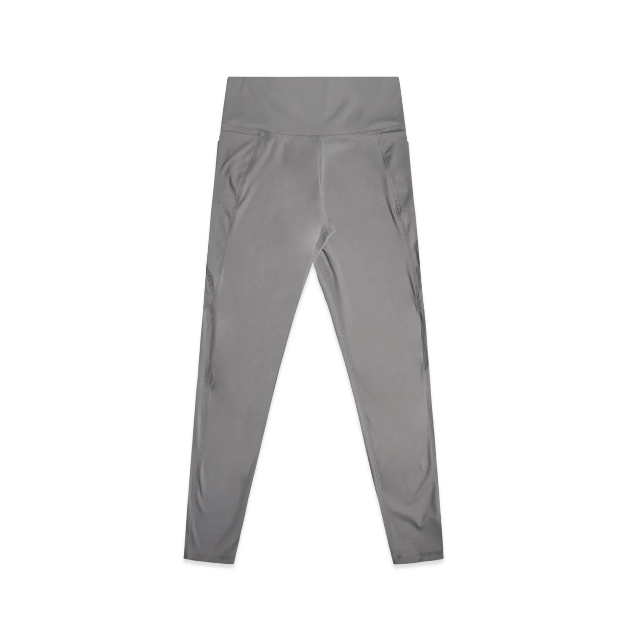 Grey leggings laid flat with their contour seams and high waistband visible.