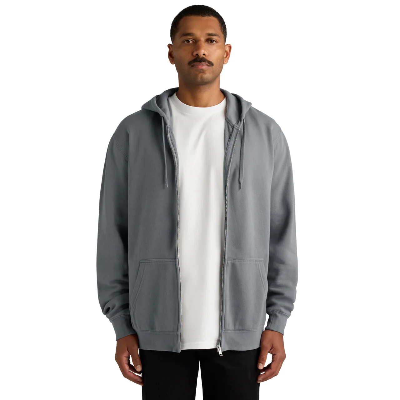 Grey zip-front hoodie worn open over a white T-shirt, showing the central zipper.