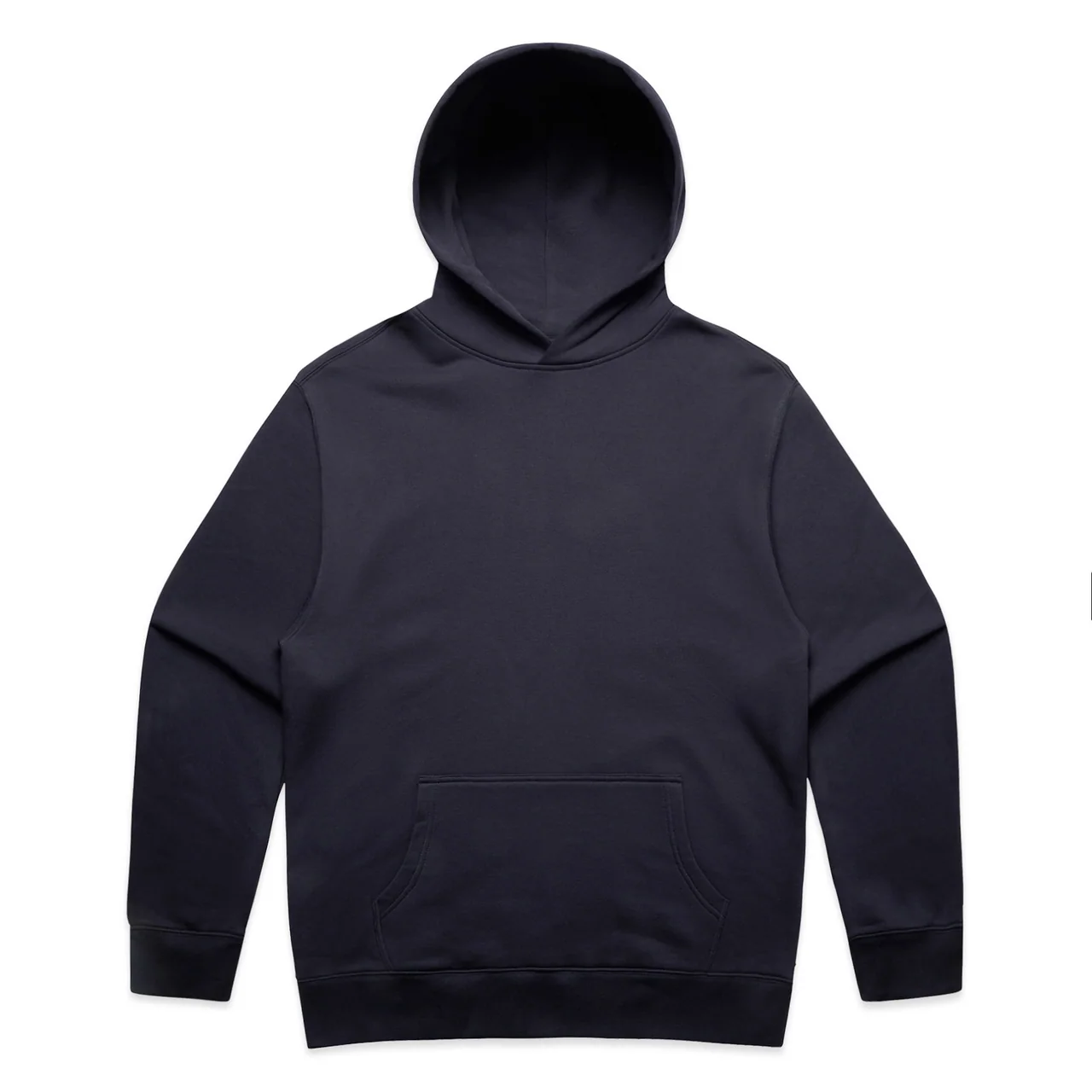 Navy pullover hoodie photographed from the front with a clean, unprinted body.