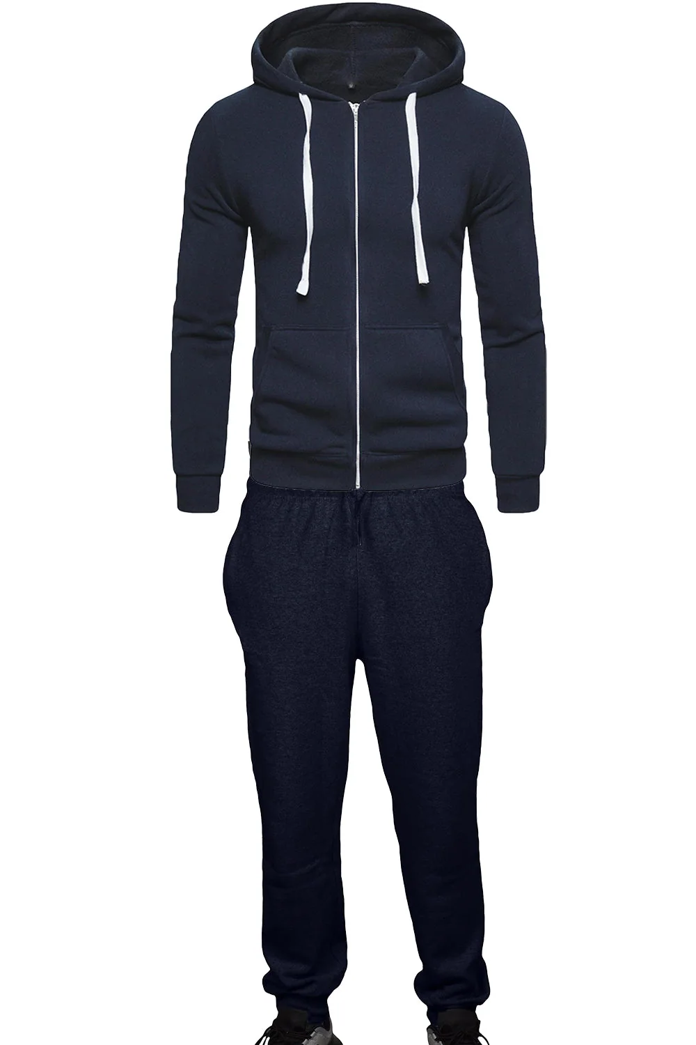 Navy zip-through hooded top and matching joggers presented together as a coordinated tracksuit.