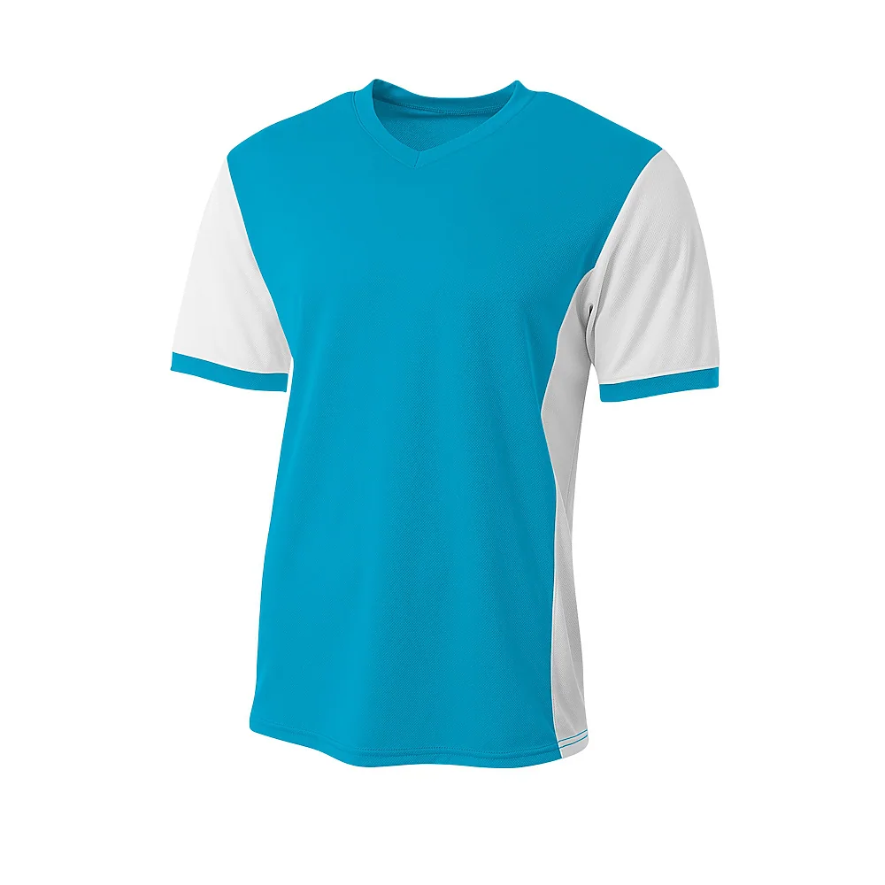 Maillot de sport bleu uni, avec manches blanches et panneau avant sans décoration.