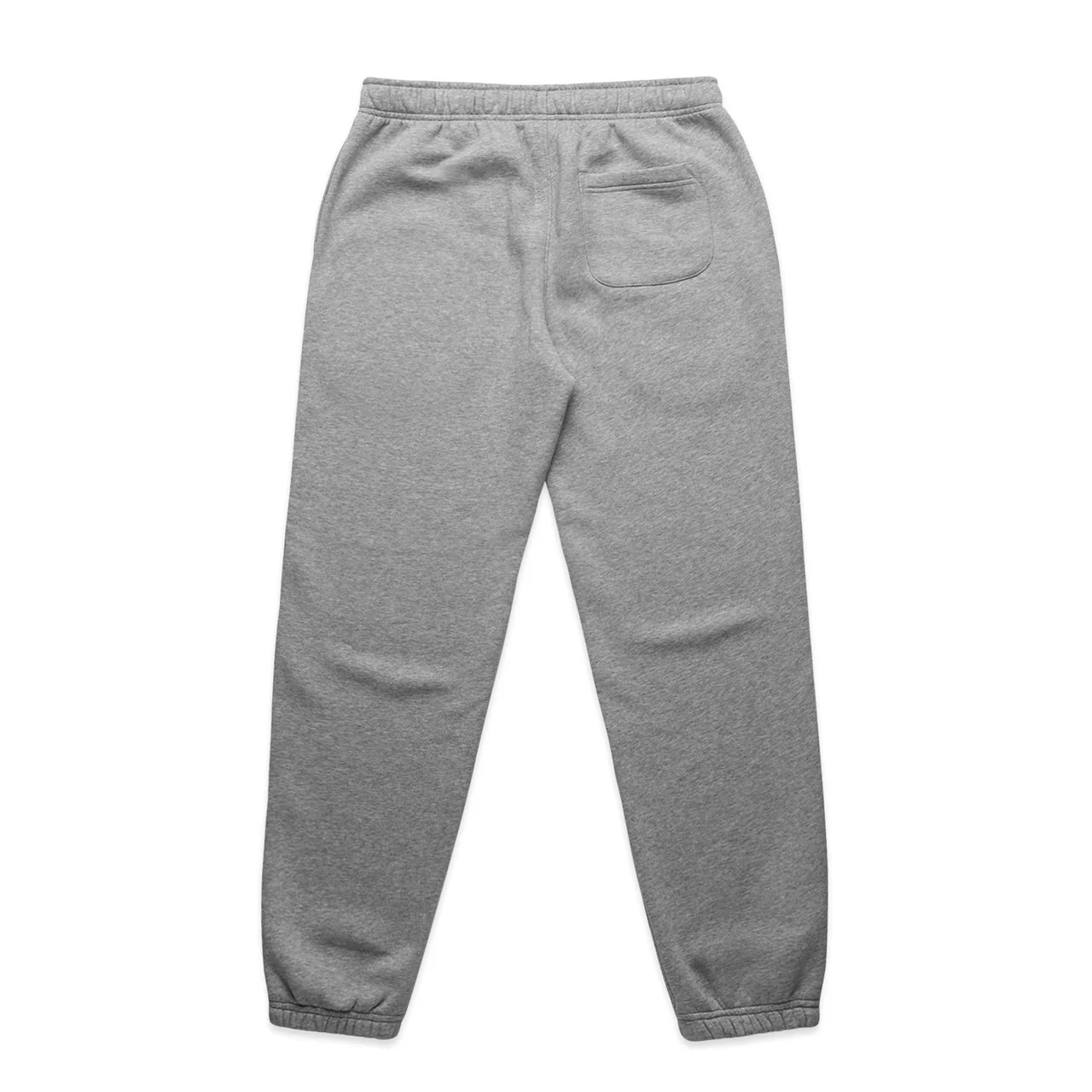 Rear view of grey marl joggers showing their seat shape and cuffed hems.