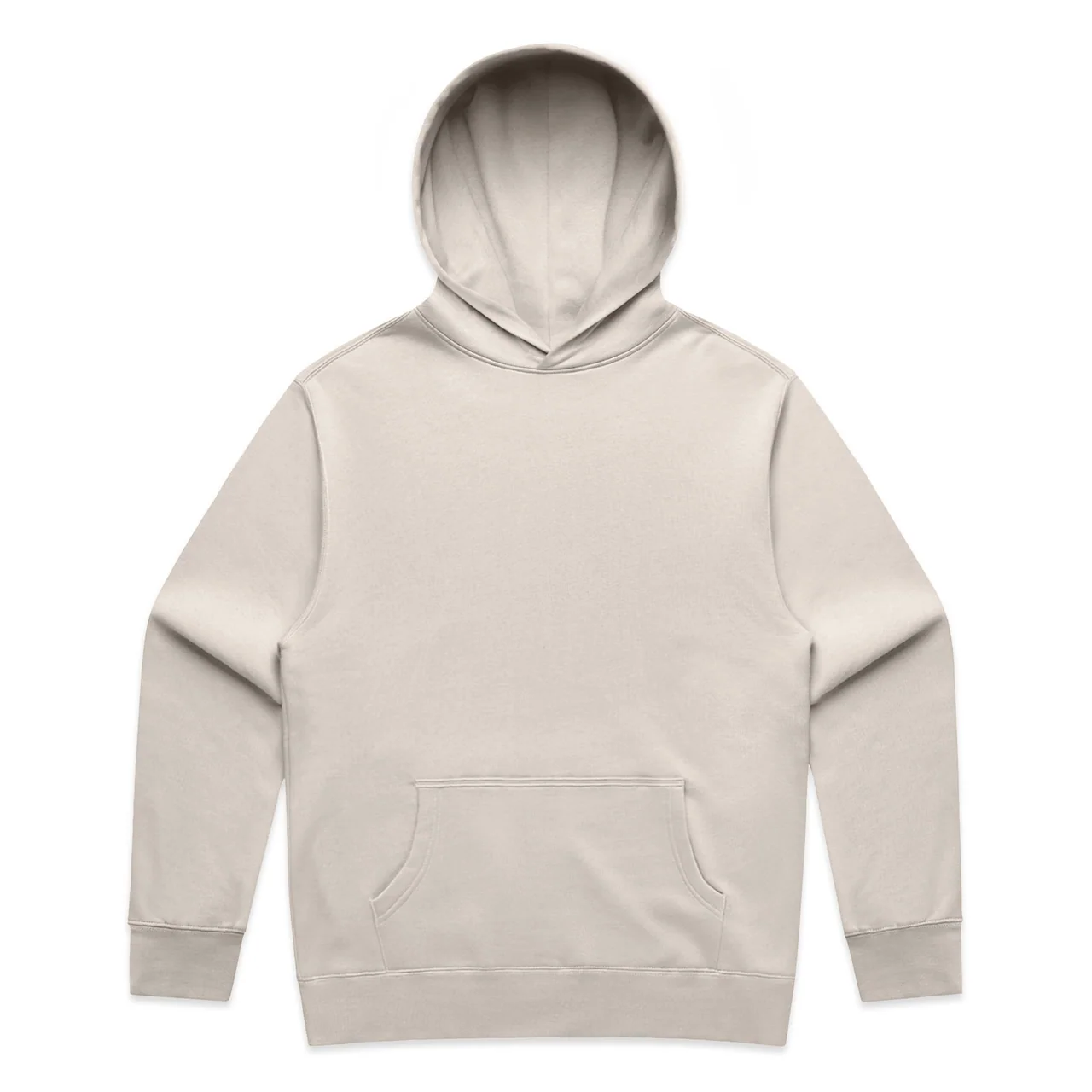 Stone pullover hoodie showing its shoulder shape, pocket and ribbed hems.
